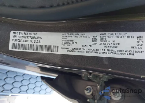 2020 Ram 1500 Laramie 4X4 6'4 Box from USA, damaged, VIN 1C6SRFRT7LN344695